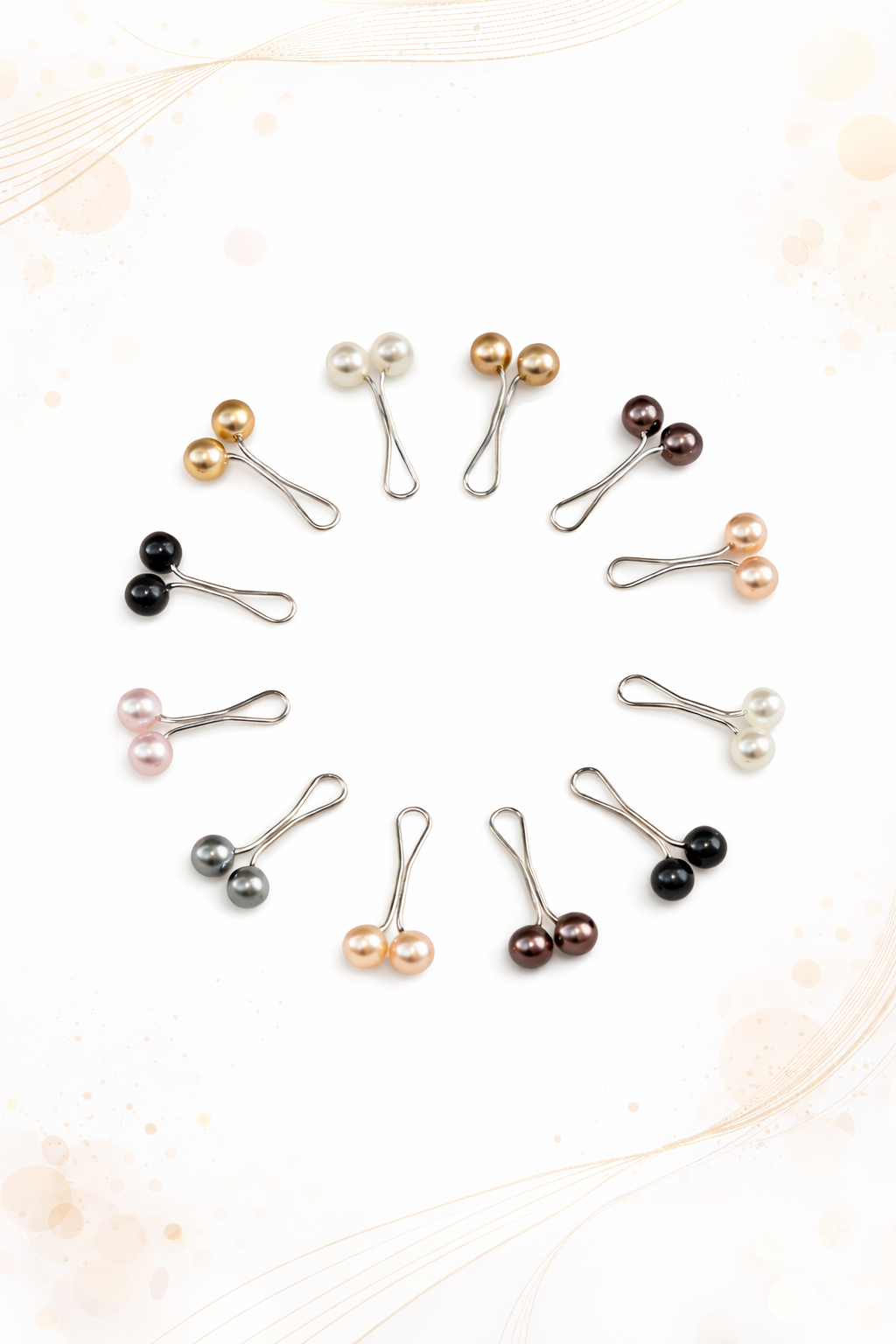 Set of pearl earrings in various colors on a light background