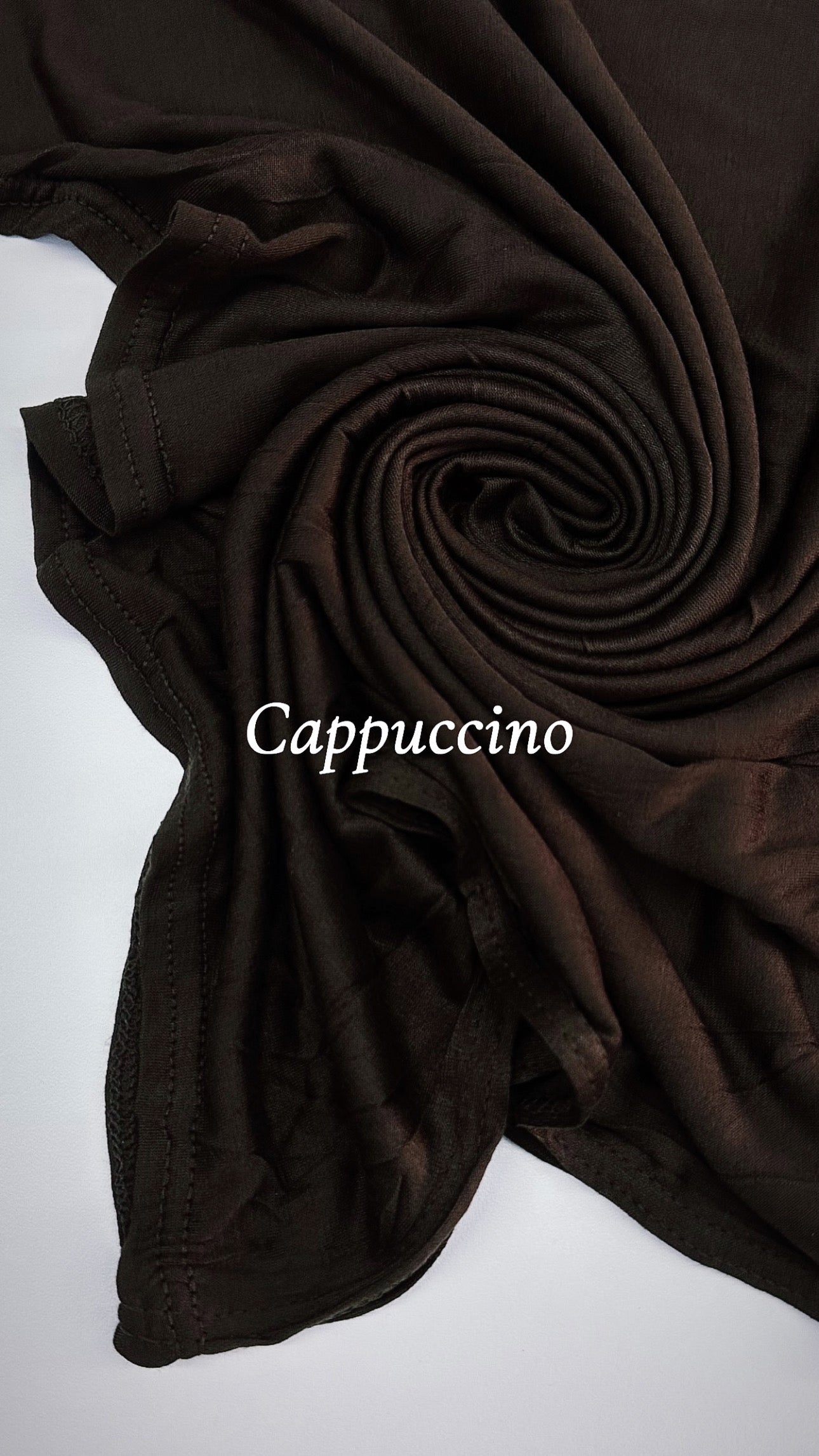 Brown fabric with 'Cappuccino' text on a white background